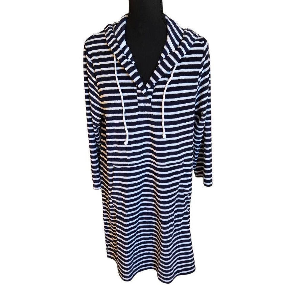 LOFT Swim Womens Striped Terry Cloth Hooded Cover-up Dress Navy & White Medium